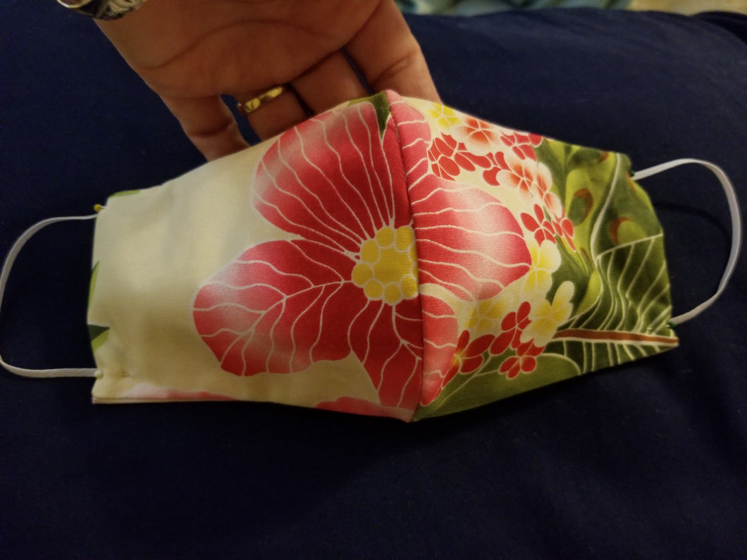 Hawaiian Print Face Covering Hibiscus Plumeria Cream